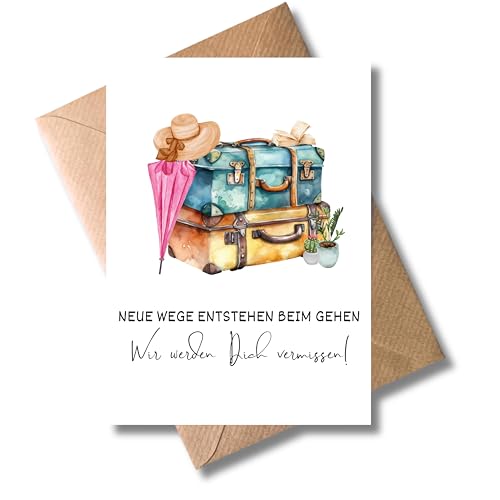 WBdesignz Abschied Karte mit Umschlag - Abschiedsgruß für Kollegen mit Spruch Urlaubskoffer Zimmerpflanzen Strohhut Abschiedsgeschenk Glückwunsch zum Neuanfang Jobwechsel (DIN A6) von WBdesignz
