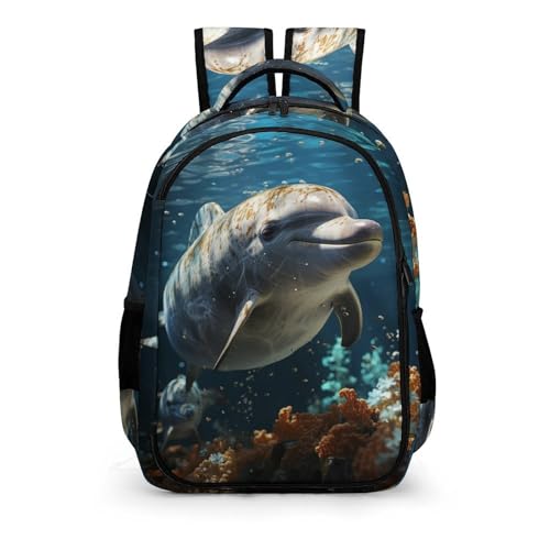 WCEECE Mädchen Jungen Schulrucksack 3D-Farbdruck Delphin Personalisierter Modisch,Nylon Campus Rucksack, Tagesrucksack, Freizeitrucksack, Für Teenager von WCEECE