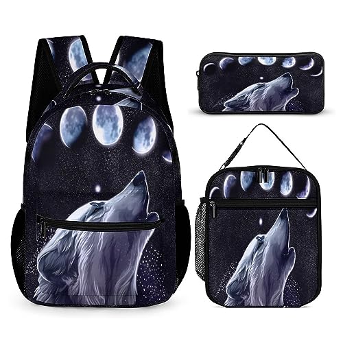 WCEECE Tier-Wolf Rucksack Mädchen Schulrucksack Schultaschen Sets Grundschule Mädchen Schulranzen Sets 3 En 1 Schule Kinderrucksack Set von WCEECE