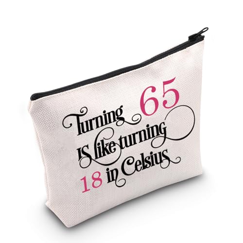 WCGXKO Lustiges Geschenk für Frauen zum 65. Geburtstag, Make-up-Tasche zum 65. Geburtstag, Kosmetiktasche mit Aufschrift "Turn 65 Is Like Turning 18 In Celsius", Drehung: 65, Reißverschluss von WCGXKO