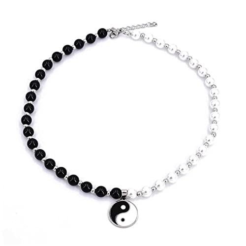 WCRAZYE Goth Punk Halbkette Perlen Halskette Schwarz Weiß Perlen Taichi Yin Yang Anhänger Halskette für Frauen Mädchen Reiki Choker Amulett Halskette Gliederkette Perlen Halskette Mode Glücksschmuck von WCRAZYE