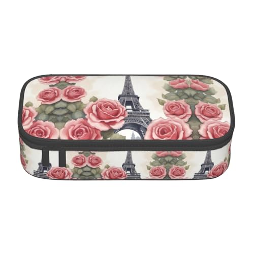 WCXTHGFA Eiffelturm-Rosen-Blumendruck, stilvolles Federmäppchen, großes Fassungsvermögen, ideal für Reisen oder den täglichen Gebrauch, Schwarz , Einheitsgröße, Kosmetiktasche von WCXTHGFA