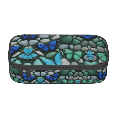 WCXTHGFA Federmäppchen mit blauem Schmetterling, grünem Schmetterling und Steindruck, großes Fassungsvermögen, ideal für Reisen oder den täglichen Gebrauch, Schwarz , Einheitsgröße, Kosmetiktasche von WCXTHGFA