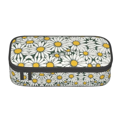 WCXTHGFA Federmäppchen mit weißem Gänseblümchen-Druck, großes Fassungsvermögen, ideal für Reisen oder den täglichen Gebrauch, Schwarz , Einheitsgröße, Kosmetiktasche von WCXTHGFA