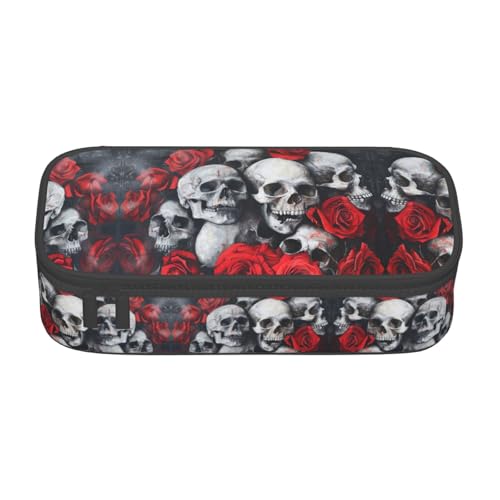 WCXTHGFA Multifunktionales Federmäppchen mit Totenkopf- und Rose-Aufdruck, ästhetisches Federmäppchen, Organizer, Federmäppchen, Bürogebrauch, Schwarz , Einheitsgröße, Schlüsseletui von WCXTHGFA