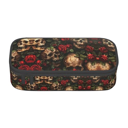WCXTHGFA Multifunktionales Federmäppchen mit Totenkopf- und Rose-Aufdruck, ästhetisches Federmäppchen, Organizer, Federmäppchen, Bürogebrauch, Schwarz , Einheitsgröße, Schlüsseletui von WCXTHGFA