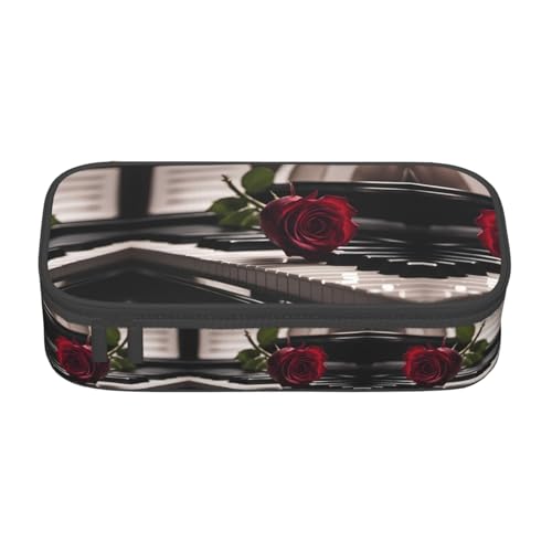 WCXTHGFA Multifunktionales Federmäppchen mit roter Rose auf Klavierdruck, ästhetisches Federmäppchen, Organizer, Federmäppchen, Bürogebrauch, Schwarz , Einheitsgröße, Schlüsseletui von WCXTHGFA