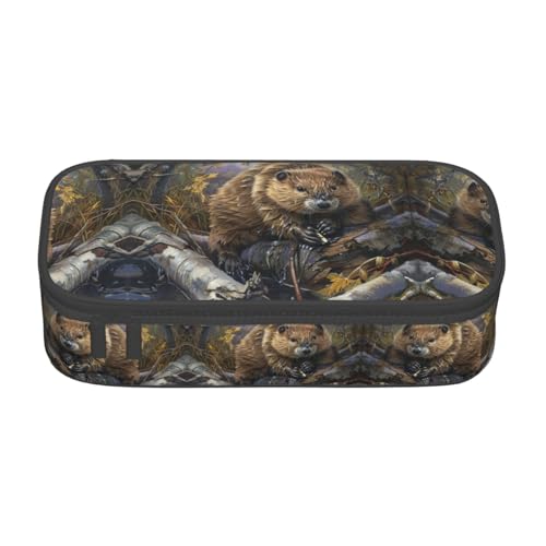 WCXTHGFA Stilvolles Federmäppchen mit Biber-Aufdruck, großes Fassungsvermögen, ideal für Reisen oder den täglichen Gebrauch, Schwarz , Einheitsgröße, Kosmetiktasche von WCXTHGFA