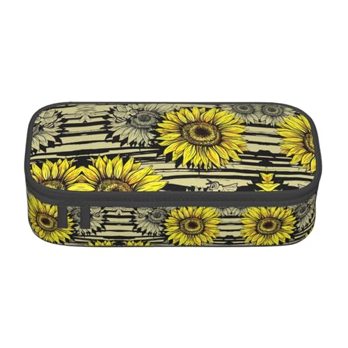 WCXTHGFA Stilvolles Federmäppchen mit Bienen-Motiv und Sonnenblumen-Druck, großes Fassungsvermögen, ideal für Reisen oder den täglichen Gebrauch, Schwarz , Einheitsgröße, Kosmetiktasche von WCXTHGFA