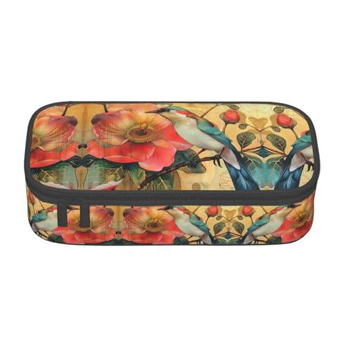WCXTHGFA Stilvolles Federmäppchen mit Blumen- und Vogel-Druck, großes Fassungsvermögen, ideal für Reisen oder den täglichen Gebrauch, Schwarz , Einheitsgröße, Kosmetiktasche von WCXTHGFA