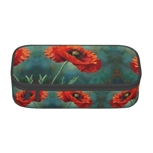 WCXTHGFA Stilvolles Federmäppchen mit Mohnblumen-Druck, großes Fassungsvermögen, ideal für Reisen oder den täglichen Gebrauch, Schwarz , Einheitsgröße, Kosmetiktasche von WCXTHGFA