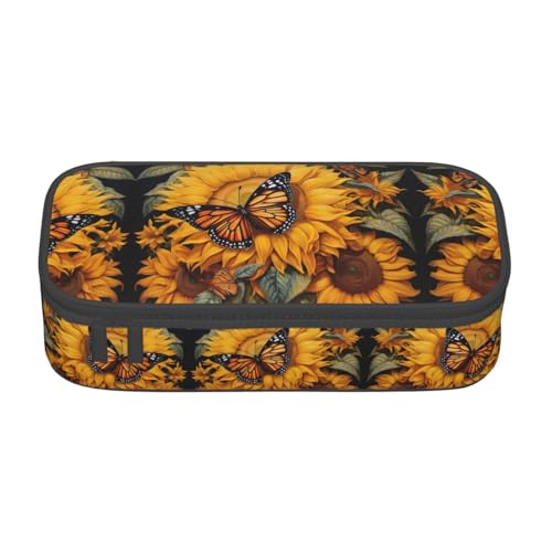 WCXTHGFA Stilvolles Federmäppchen mit Sonnenblumen-Schmetterlings-Aufdruck, großes Fassungsvermögen, ideal für Reisen oder den täglichen Gebrauch, Schwarz , Einheitsgröße, Kosmetiktasche von WCXTHGFA