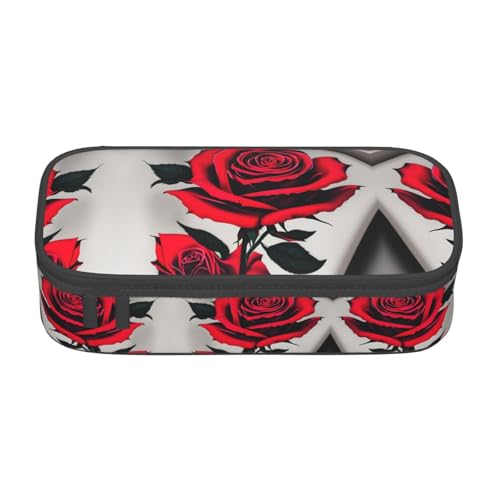 WCXTHGFA Stilvolles Federmäppchen mit rotem Rosenmuster, großes Fassungsvermögen, ideal für Reisen oder den täglichen Gebrauch, Schwarz , Einheitsgröße, Kosmetiktasche von WCXTHGFA