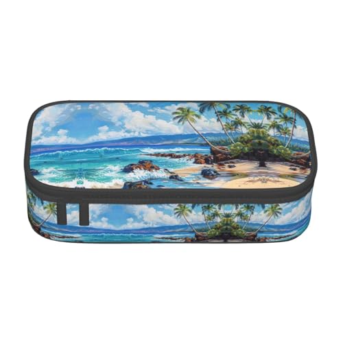 WCXTHGFA Stylisches Federmäppchen mit Hawaii-Strand-Aufdruck, großes Fassungsvermögen, ideal für Reisen oder den täglichen Gebrauch, Schwarz , Einheitsgröße, Kosmetiktasche von WCXTHGFA