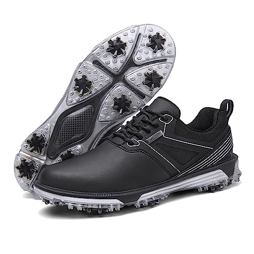 WCXTY Golfschuhe Herren Ohne Spikes,Fachmann Komfortabel Atmungsaktiv Herren Golfschuhe,Lässig Leicht rutschfest Wasserdicht Golfschuhmänner,mit Schnürdesign (Color : Black, Size : 45 EU) von WCXTY