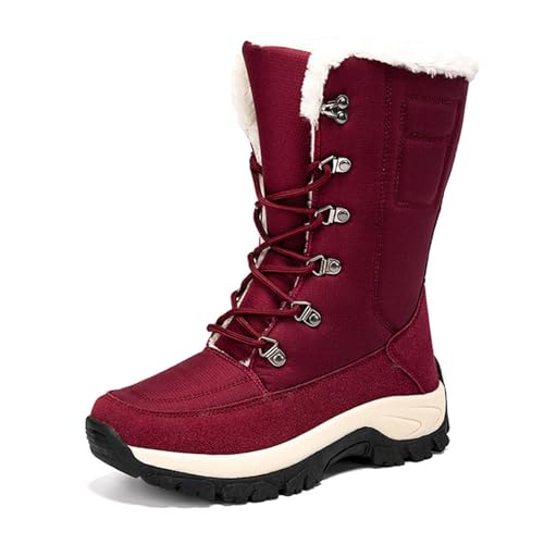 Warme Winterstiefel Damen,Leicht Atmungsaktiv Slip-On Winterstiefel für Damen,Mode Hoch Oben Gehen mit Fell Gefüttert Schneestiefel Damen,rutschfest Gummi-Außensohle (Color : Red, Size : 40 EU) von WCXTY