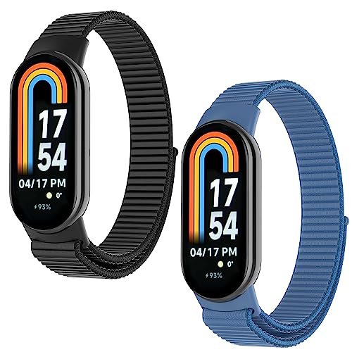 WD&CD 2 Stück Nylon Armband kompatibel mit Xiaomi Mi Band 8 (Schwarz+ Blau), Weiches Sport Uhrenarmband Ersatzarmban für Herren Damen von WD&CD