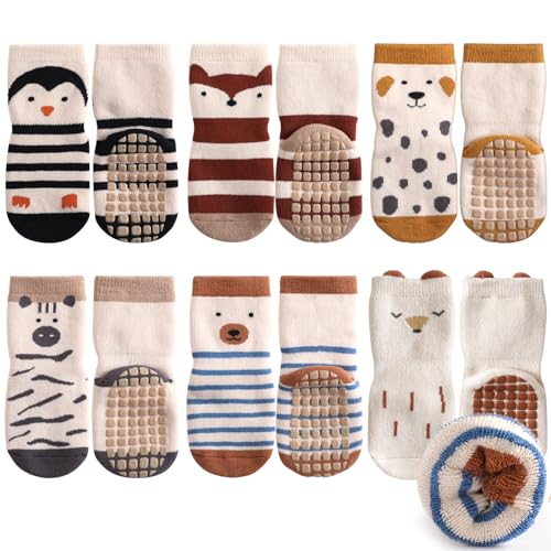 WD&CD Rutschfeste Socken für Baby, 6 Paar Anti Rutsch Baby Socken Size M, Winter Verdickte Baby socken Junge Mädchen für Baby 1-3 Jahre-A von WD&CD