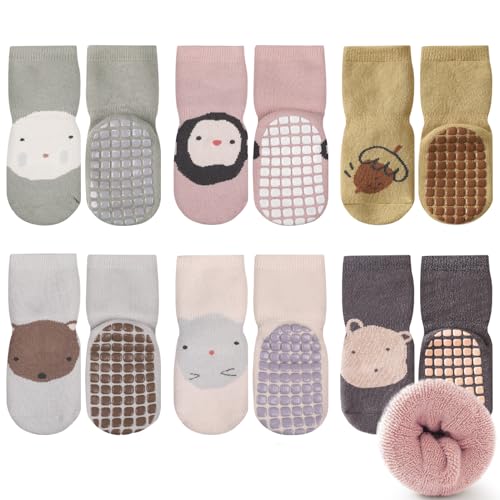 WD&CD Rutschfeste Socken für Baby, 6 Paar Anti Rutsch Baby Socken Size M, Winter Verdickte Baby socken Junge Mädchen für Baby 1-3 Jahre-B von WD&CD