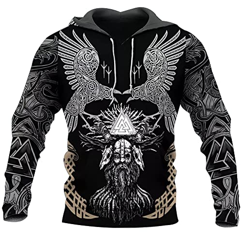 Unisex Nordische Mythologie Odin 3D Allover Bedrucktes Kapuzen Sweatshirt, Viking Raben Hoody Pullover Runes Zip Hoodie Langarm Casual Sweatjacke mit Taschen Streetwear,Pullover,3XL von WDBAYXH