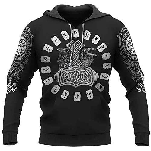 WDBAYXH Viking Thors Hammer Sweatshirt, Nordische Mythologie Odins Raben Runes Streetwear Vegvisir Casual Hoody Hoodie, 3D Allover Bedrucktes Kordelzug Pullover Trainingsjacke,Pullover,6XL von WDBAYXH