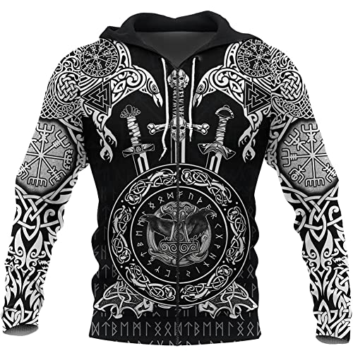 Viking Unisex 3D Druck Hoody Sweatshirt Nordische Mythologie Odin Raben Zip Hoodie Vegvisir Kapuzenpullover Langarm Casual Sweatjacke mit Taschen Streetwear,Zip,L von WDBAYXH