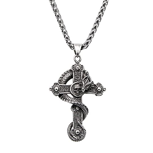 WDBAYXH Herren Gothic Punk Drachen Totenkopf Kreuz Anhänger Halskette, Biker Altsilber Edelstahl Geschnitzt Gebetsanhänger mit 2 Stück Kette, Persönlichkeit Ouroboros Talisman Schmuck,70CM von WDBAYXH