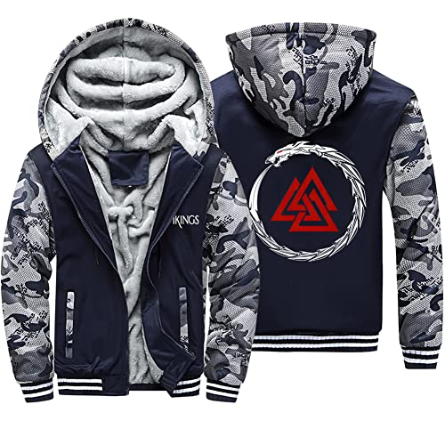 WDBAYXH Nordische Mythologie Drachen Ouroboros Valknut Dicker Fleece-Zip-Hoodie, Viking Winter-Schwergewicht Warm Sweatshirt, Großen Taschen Lässige Jacke, Celtic Pagan Streetwear,Dark Blue,3XL von WDBAYXH