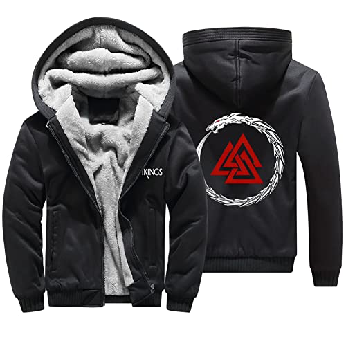 WDBAYXH Nordische Mythologie Drachen Ouroboros Valknut Dicker Fleece-Zip-Hoodie, Viking Winter-Schwergewicht Warm Sweatshirt, Großen Taschen Lässige Jacke, Celtic Pagan Streetwear,Schwarz,XL von WDBAYXH