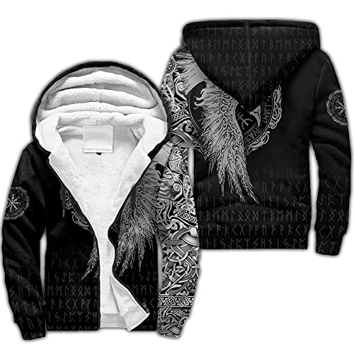 WDBAYXH Nordische Mythologie Raven of Odin Warmer Dicker Fleece-Hoodie mit Reißverschluss, Viking Tattoo 3D-Druck-Sweatshirt, Herren-Kapuzenpullover Lässige Trainingsjacke Streetwear,Raven 1,XL von WDBAYXH