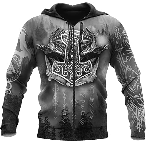 WDBAYXH Thors Hammer Vintage Hoodie Viking Odin Raven 3D-Druck-Kapuzenpullover, Herren Full Zip Up Runes Sweatshirt Streetwear, Eltic Pagan Sweatjacke mit Kordelzug Sportoberteile,Zip,XL von WDBAYXH