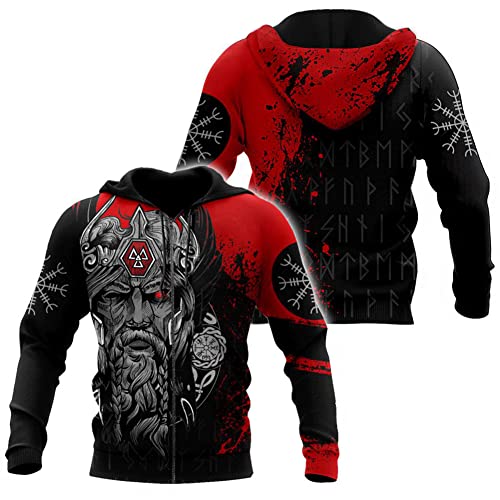 WDBAYXH Viking Odin Hoody Sweatshirt, Nordische Mythologie Vegvisir Wikinger-Kompass Streetwear Casual Zip Hoodie, 3D Allover Bedrucktes Unisex Langarm Kapuzenpullover,Zip,M von WDBAYXH