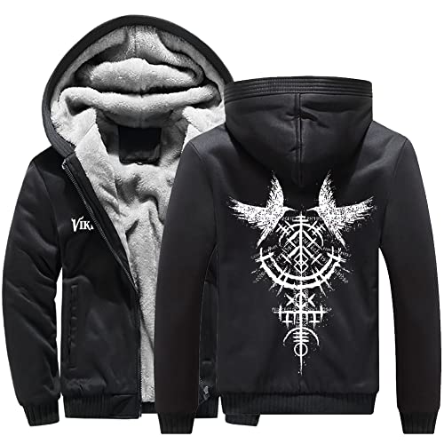 WDBAYXH Viking Odin Raven Winter Dicker Fleece Zip Hoody Sweatshirt, Herren Schwergewicht Warmer Hoodie, Große Taschen Camouflage Ärmel Freizeitjacke Mantel All-Match Streetwear,Black 1,XS von WDBAYXH