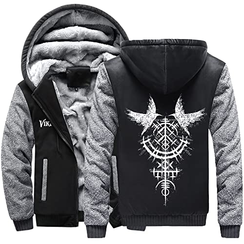 WDBAYXH Viking Odin Raven Winter Dicker Fleece Zip Hoody Sweatshirt, Herren Schwergewicht Warmer Hoodie, Große Taschen Camouflage Ärmel Freizeitjacke Mantel All-Match Streetwear,Black Gray,L von WDBAYXH