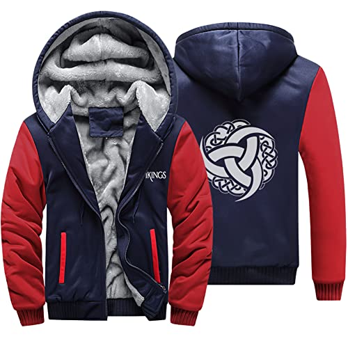 WDBAYXH Wikinger Horn von Odin Winter Dicker Warmer Fleece-Reißverschluss Herren Hoodies Mantel Camo Ärmel Sweatshirts Sportwear Pullover Streetwear Patchwork Kleidung Kapuzenjacke,Red Blue,XL von WDBAYXH