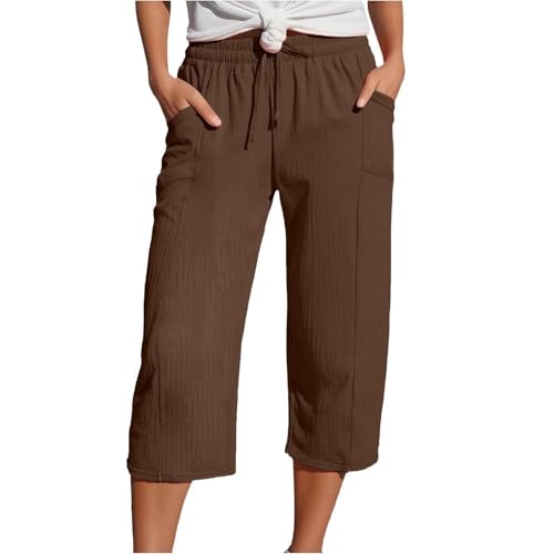 WDCHAOYUE 3/4 Hose Damen,Leinenhose Damen Sommer 3/4 Musselin Hose Leicht Leinen Sommerhose Mit Taschen Causal Locker Caprihose Elastische Bequeme Stoffhose von WDCHAOYUE