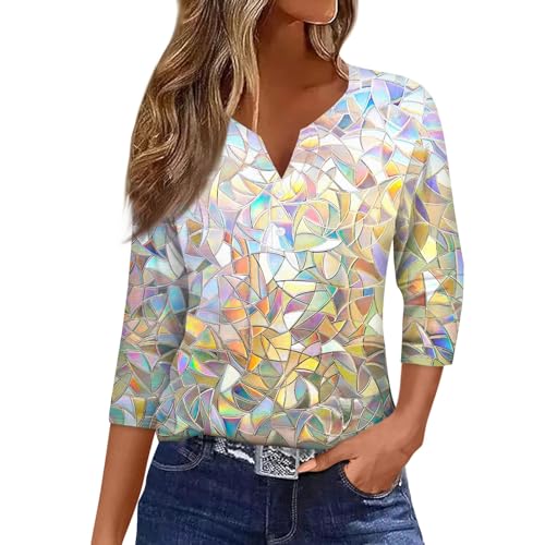 WDCHAOYUE Bluse Damen Elegant,T Shirts Mädchen Henley Ausschnitt Work Baumwolle 3/4 Arm Mit Blumenmuster Legerer Locke Blusentop Damene Herbst Übergröße Knopfleiste Weich von WDCHAOYUE