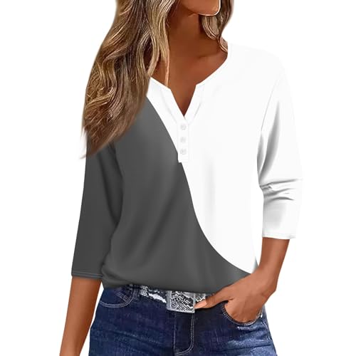 WDCHAOYUE Bluse Damen Elegant Festlich,T Shirts Mädchen Henley Ausschnitt Work Baumwolle 3/4 Arm Mit Blumenmuster Legerer Locke Blusentop Damene Herbst Übergröße Knopfleiste Weich von WDCHAOYUE