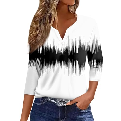 WDCHAOYUE Bluse Damen Langarm,T Shirts Mädchen Henley Ausschnitt Work Baumwolle 3/4 Arm Mit Blumenmuster Legerer Locke Blusentop Damene Herbst Übergröße Knopfleiste Weich von WDCHAOYUE