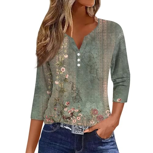 WDCHAOYUE Bluse Damen Sommer,T Shirts Mädchen Henley Ausschnitt Work Baumwolle 3/4 Arm Mit Blumenmuster Legerer Locke Blusentop Damene Herbst Übergröße Knopfleiste Weich von WDCHAOYUE