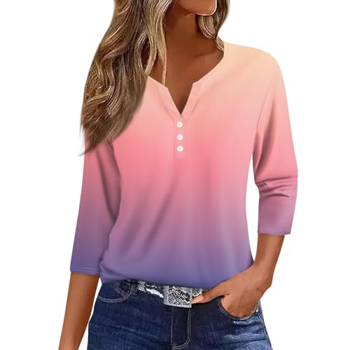 WDCHAOYUE Blusen Damen Elegant Festlich,T Shirts Mädchen Henley Ausschnitt Work Baumwolle 3/4 Arm Mit Blumenmuster Legerer Locke Blusentop Damene Herbst Übergröße Knopfleiste Weich von WDCHAOYUE