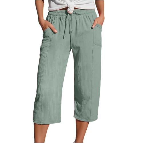 WDCHAOYUE Culotte Damen,Leinenhose Damen Sommer 3/4 Musselin Hose Leicht Leinen Sommerhose Mit Taschen Causal Locker Caprihose Elastische Bequeme Stoffhose von WDCHAOYUE