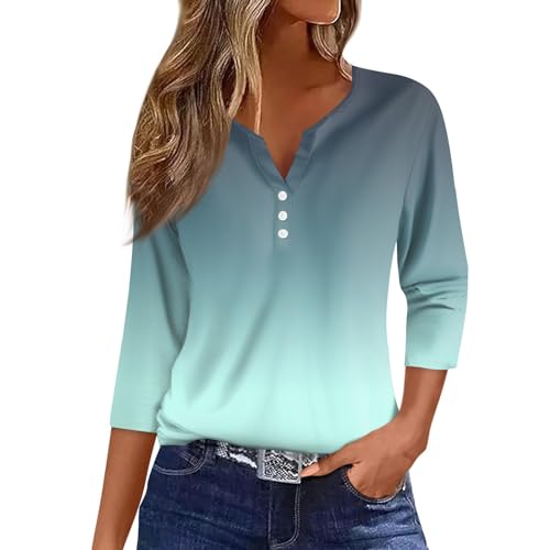 WDCHAOYUE Damen Blusen, T Shirts Mädchen Henley Ausschnitt Work Baumwolle 3/4 Arm Mit Blumenmuster Legerer Locke Blusentop Damene Herbst Übergröße Knopfleiste Weich von WDCHAOYUE