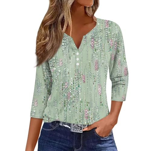 WDCHAOYUE Damen Shirts Sommer,T Shirts Mädchen Henley Ausschnitt Work Baumwolle 3/4 Arm Mit Blumenmuster Legerer Locke Blusentop Damene Herbst Übergröße Knopfleiste Weich von WDCHAOYUE