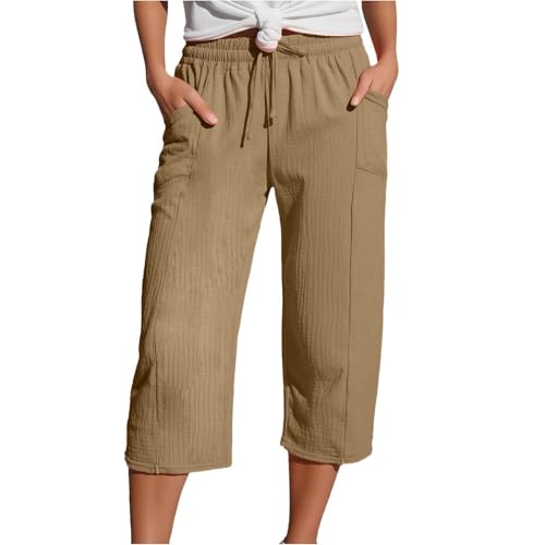 WDCHAOYUE Leinenhose Damen,Leinenhose Damen Sommer 3/4 Musselin Hose Leicht Leinen Sommerhose Mit Taschen Causal Locker Caprihose Elastische Bequeme Stoffhose von WDCHAOYUE