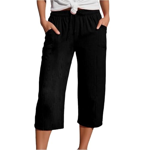 WDCHAOYUE Outlet Amazon,Musselin Hose Damen,Leinenhose Damen Sommer 3/4 Musselin Hose Leicht Leinen Sommerhose Mit Taschen Causal Locker Caprihose Elastische Bequeme Stoffhose von WDCHAOYUE