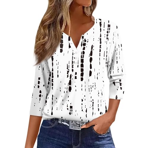 WDCHAOYUE Seidenbluse Damen,T Shirts Mädchen Henley Ausschnitt Work Baumwolle 3/4 Arm Mit Blumenmuster Legerer Locke Blusentop Damene Herbst Übergröße Knopfleiste Weich von WDCHAOYUE