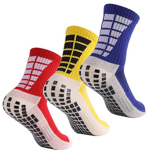 WDEC 3 Paar Rutschfeste Fußball Socken, Rutschfeste Sport Socken, Gummi-Pads, Rutschfeste Fußballsocken für Basketball, Fußball, Wandern, Laufen (Rot gelb blau) von WDEC