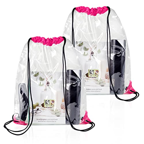 WDFCN 2 Stück Transparent Kordelzugbeutel Transparenter Turnbeutel Rucksack Durchsichtig Sport Rucksack mit Kordelzug für Schulrucksack Gym Travel Strandschwimmen (Rosarot) von WDFCN