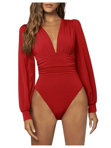 WDIRARA Damen Polka Dots Sheer Dobby Mesh Quadratischer Ausschnitt Langarm Skinny Body, Pure Red, L von WDIRARA